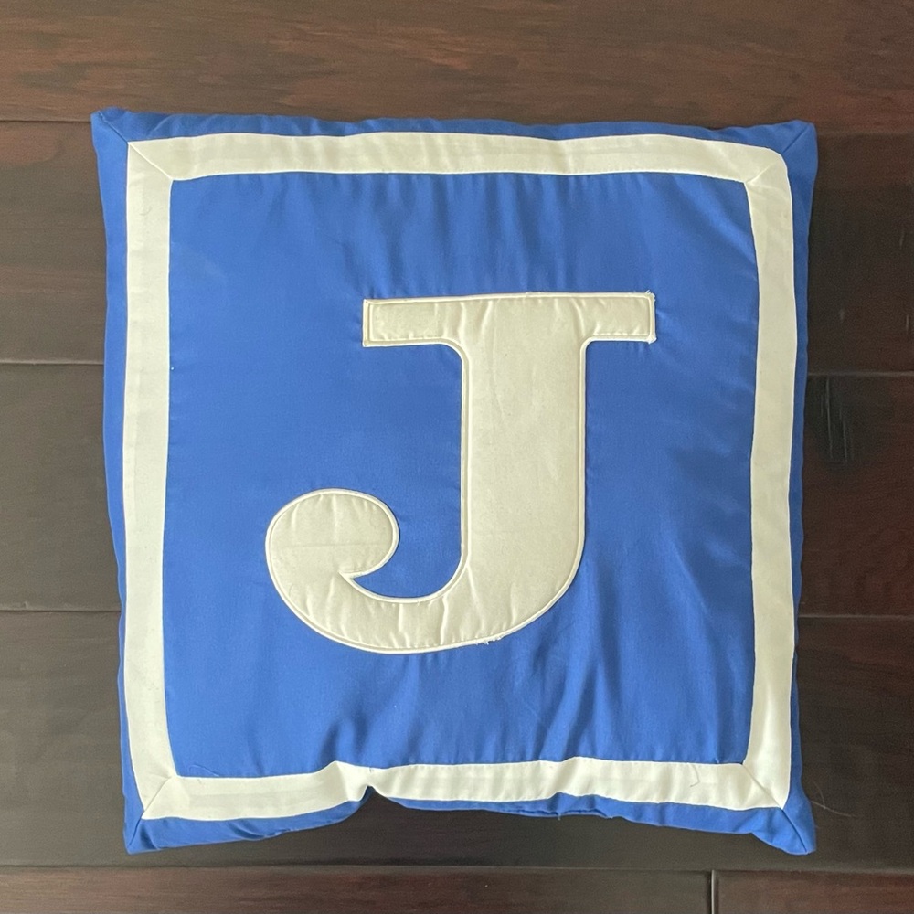 Blue and White Decorative Pillow with Letter J